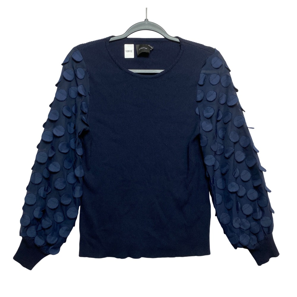Cliche Sweater Womens S Navy Blue Ribbed Knit Sheer 3D Circle Balloon Sleeve